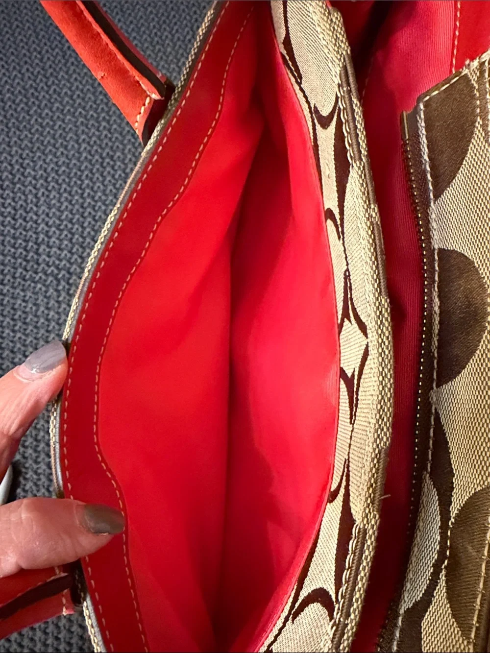 Coach Beige Signature Satchel with Coral Leather Trim and Coral Scarf